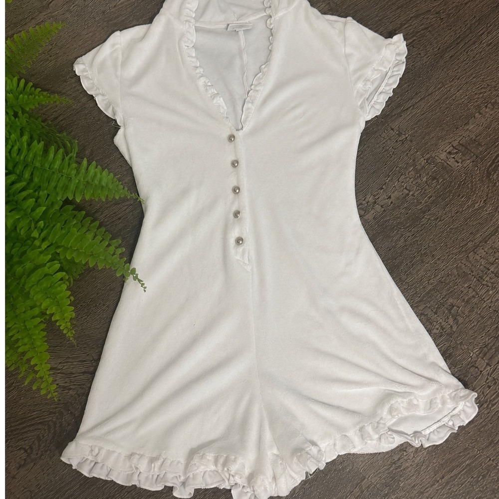 Vintage Beach Bunny White Hooded Ruffle Romper Size L Coquette Boho Y2K Cover Up